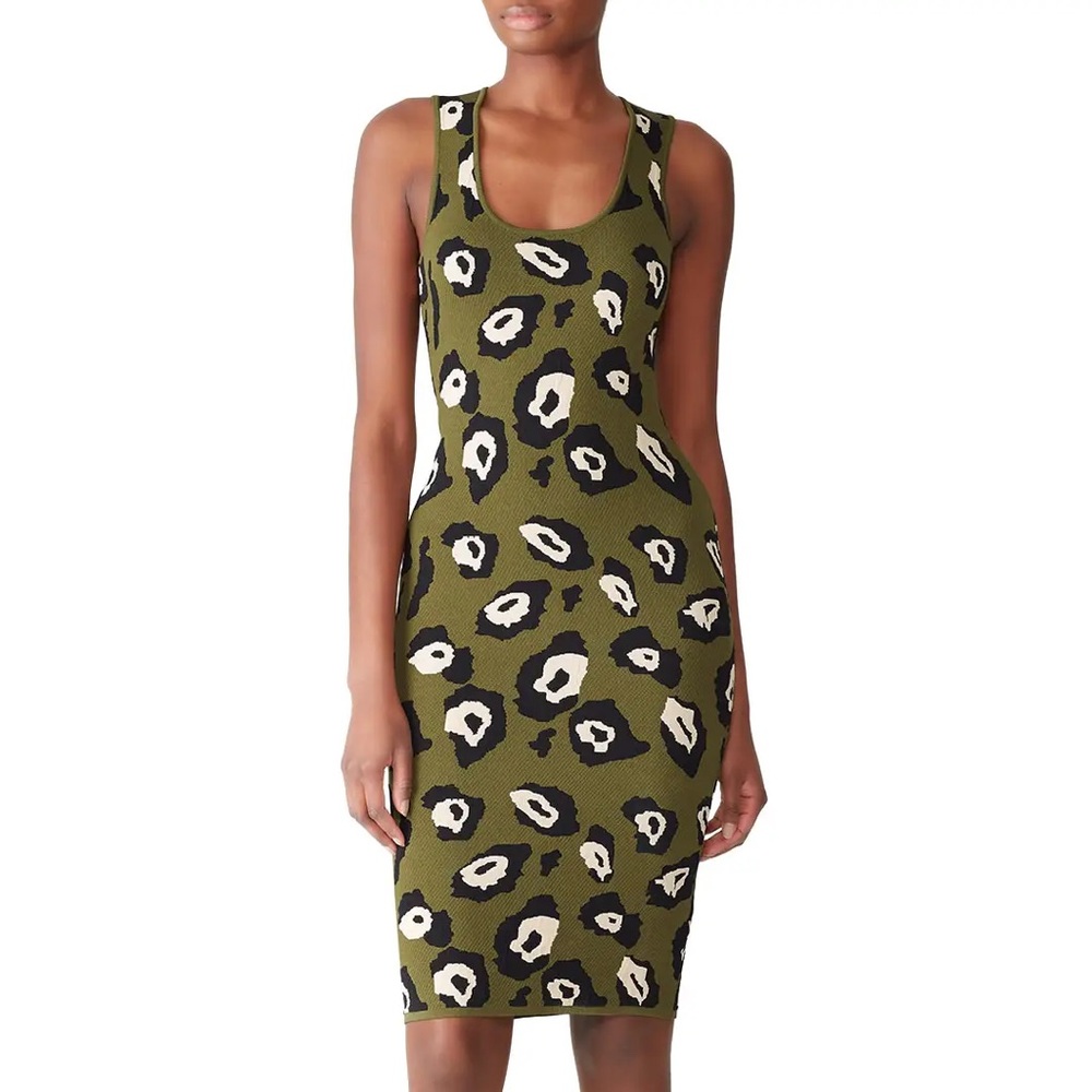 John + Jenn Green Leopard Print Sleeveless Scoop Neck Knit Midi Dress